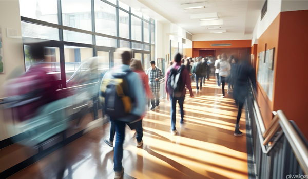 blurred image of busy school hallway
