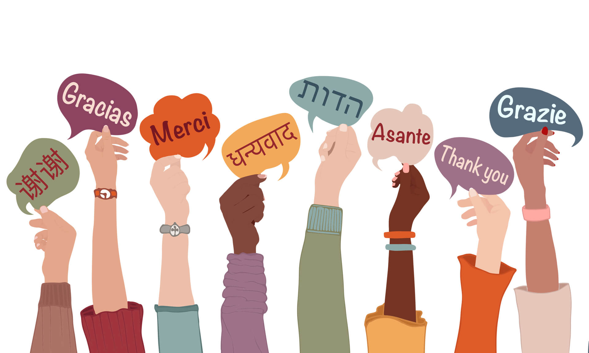 Dyslexia Across Languages and Writing Systems Hands holding talk bubbles with thank you in different languages.