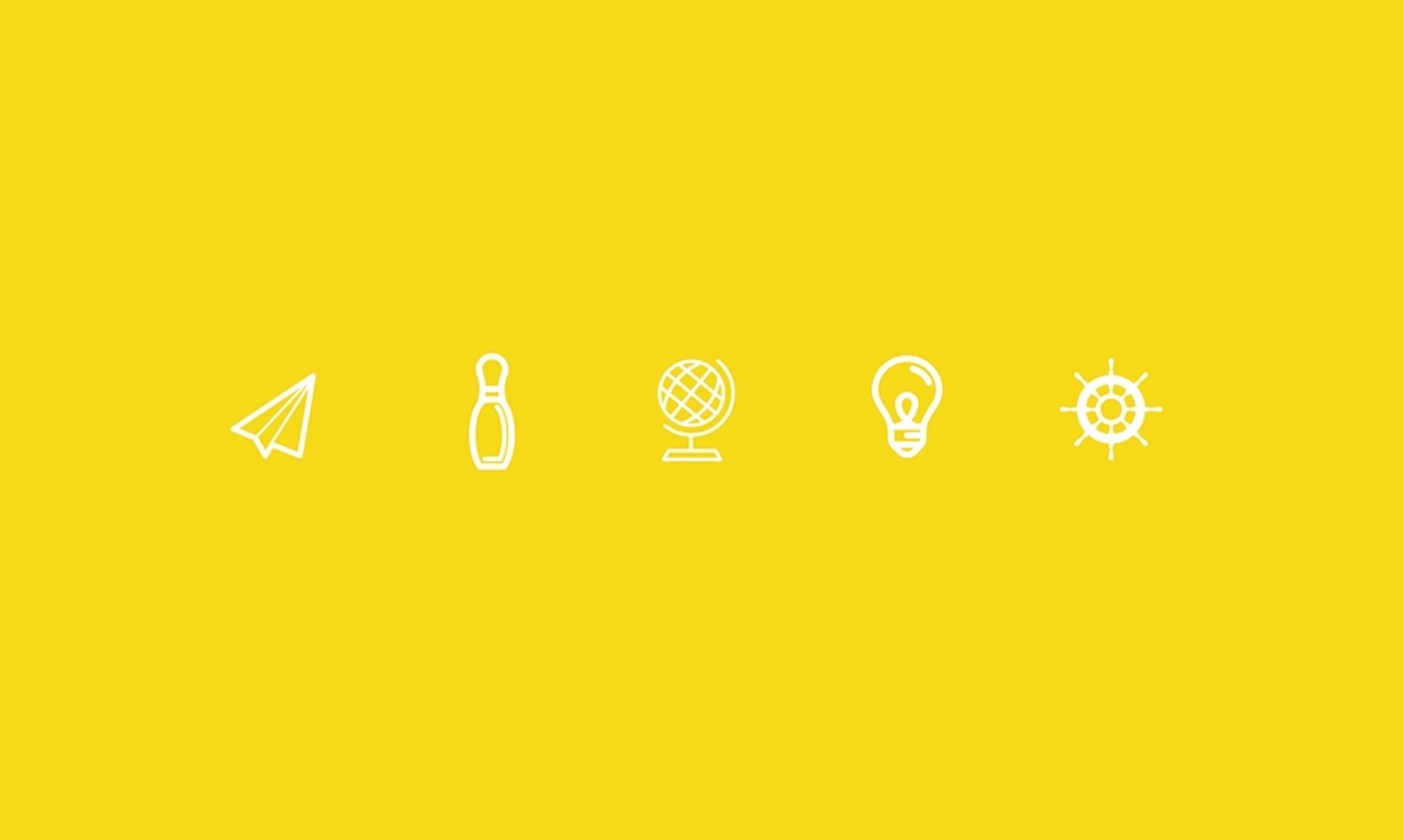 infographic Infographic consisting of five icons: paper plane, bowling pin, globe, lightbulb, and ships wheel in white on yellow background.