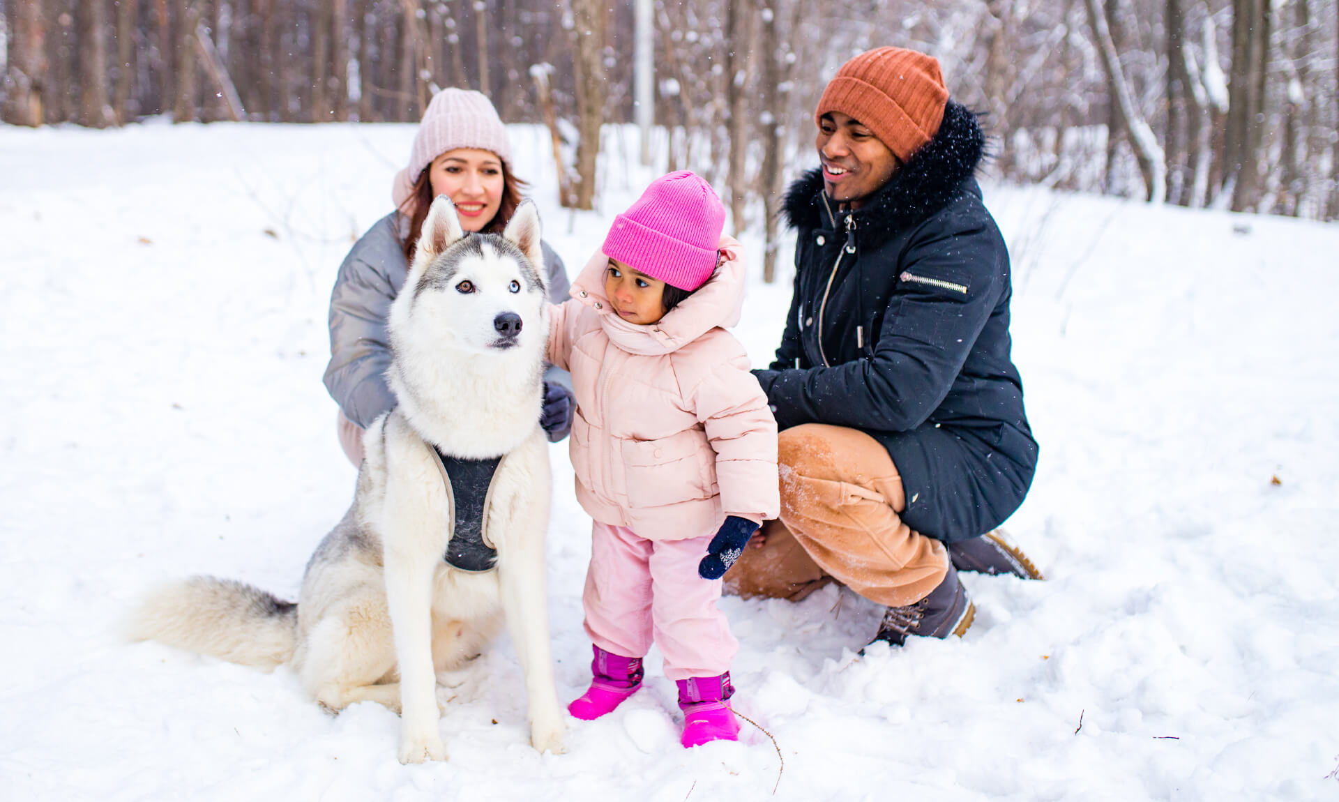 Couple having fun playing with their daughter and husky dog in a snowy park.