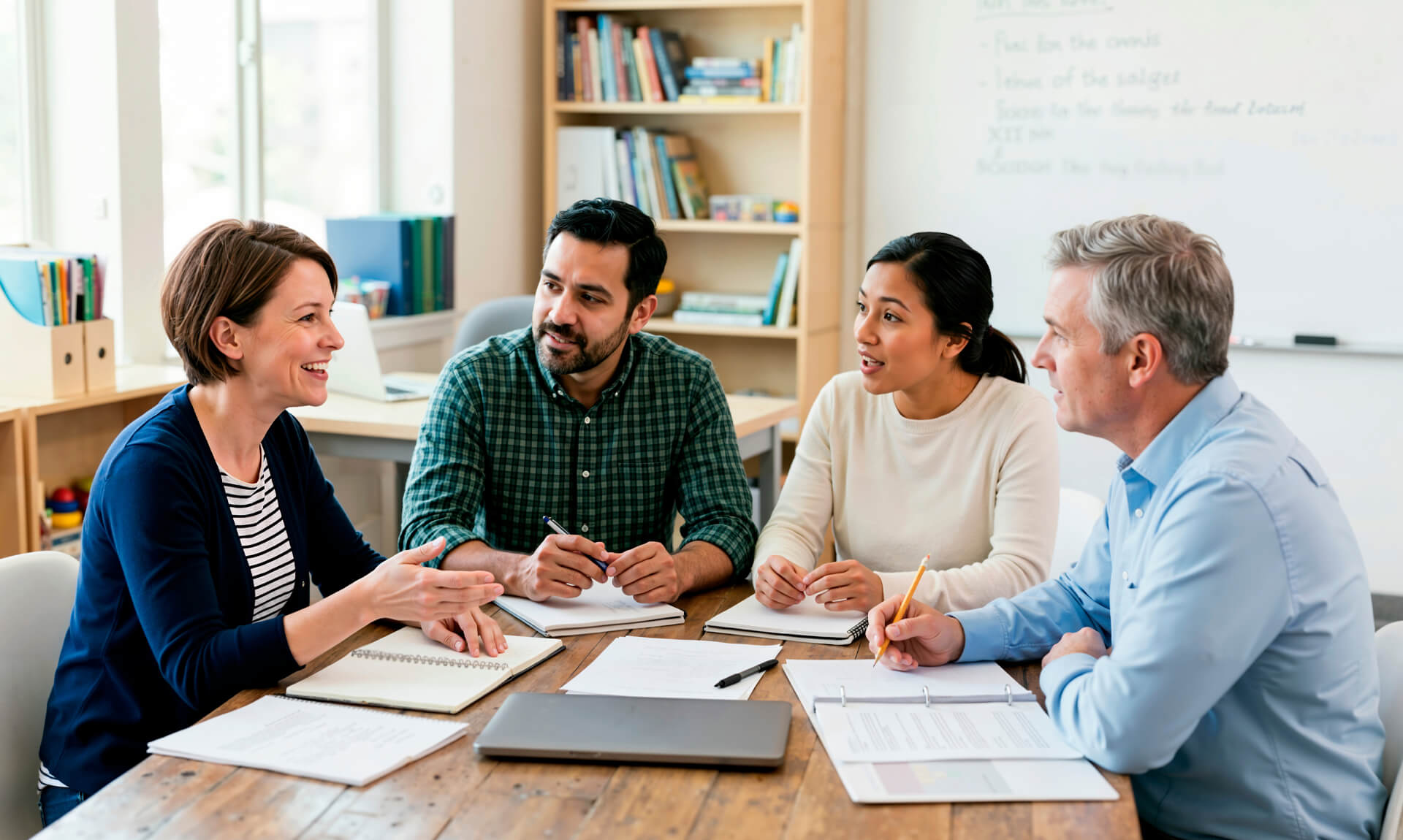 Four educators sit around a table discussing instructional materials during a professional development session.